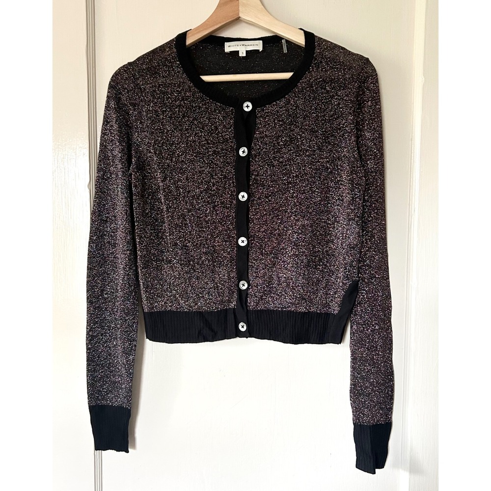 White + Warren Shine Metallic Crew Cardigan Multi Black S Party Festive Holiday